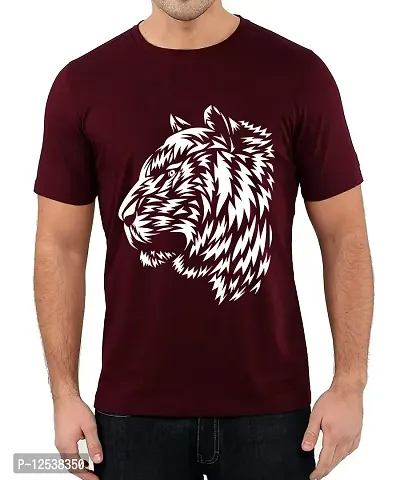 Caseria Men's Round Neck Cotton Half Sleeved T-Shirt with Printed Graphics - Tiger Pattern (Maroon, MD)