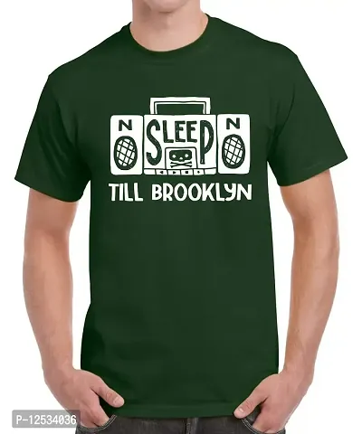 Caseria Men's Round Neck Cotton Half Sleeved T-Shirt with Printed Graphics - Sleep Till Brooklyn (Bottel Green, L)-thumb0