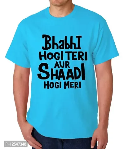 Caseria Men's Round Neck Cotton Half Sleeved T-Shirt with Printed Graphics - Bhabhi Shaadi (Sky Blue, SM)-thumb0