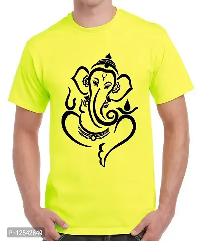 Caseria Men's Round Neck Cotton Half Sleeved T-Shirt with Printed Graphics - Shree Ganesh Maharaj (Lemon Yellow, XL)-thumb0