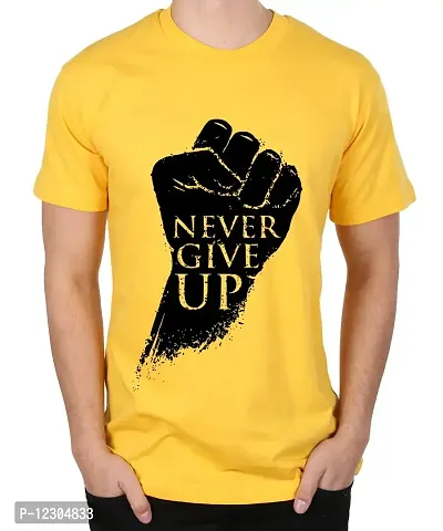 Caseria Men's Round Neck Cotton Half Sleeved T-Shirt with Printed Graphics - Never Give Up (Yellow, SM)