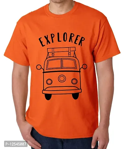 Caseria Men's Round Neck Cotton Half Sleeved T-Shirt with Printed Graphics - Explorer (Orange, MD)