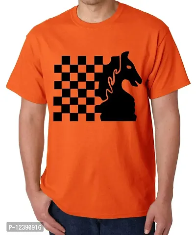 Caseria Men's Round Neck Cotton Half Sleeved T-Shirt with Printed Graphics - Knight Chess (Orange, XL)-thumb0