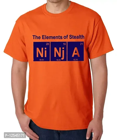 Caseria Men's Round Neck Cotton Half Sleeved T-Shirt with Printed Graphics - The Elements of Stealth (Orange, SM)