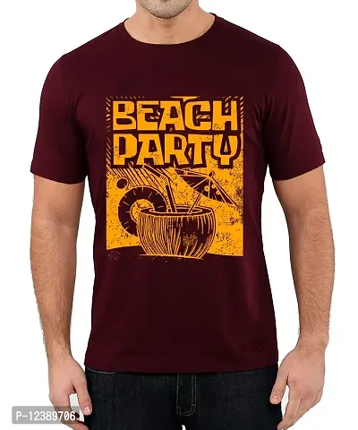 Caseria Men's Round Neck Cotton Half Sleeved T-Shirt with Printed Graphics - Beach Party (Maroon, L)-thumb0