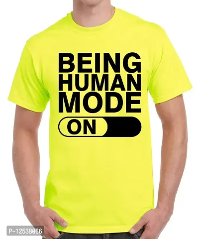 Caseria Men's Round Neck Cotton Half Sleeved T-Shirt with Printed Graphics - Being Human Mode On (Lemon Yellow, MD)