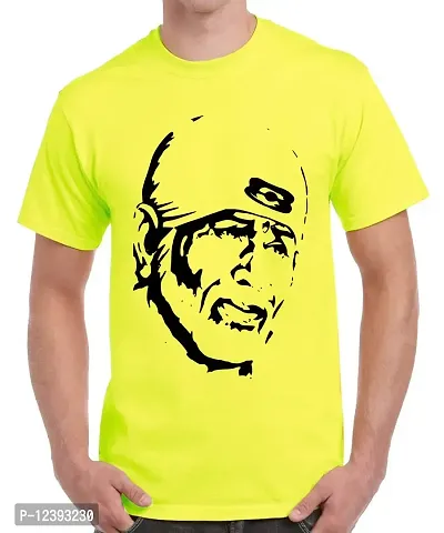 Caseria Men's Round Neck Cotton Half Sleeved T-Shirt with Printed Graphics - Sai Baba (Lemon Yellow, MD)-thumb0