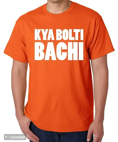 Caseria Men's Round Neck Cotton Half Sleeved T-Shirt with Printed Graphics - Kya Bolti Bachi (Orange, L)