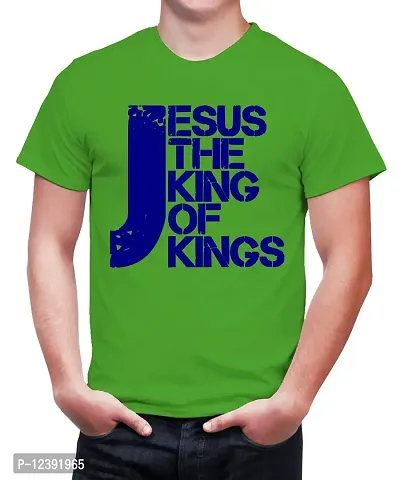 Caseria Men's Round Neck Cotton Half Sleeved T-Shirt with Printed Graphics - Jesus The King of Kings (Parrot Green, L)