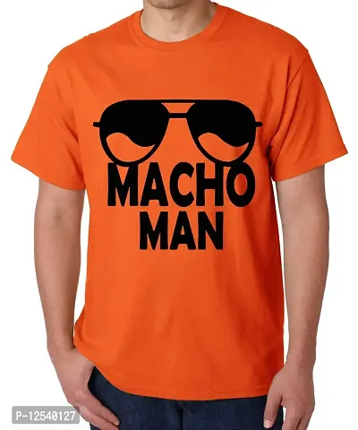 Caseria Men's Round Neck Cotton Half Sleeved T-Shirt with Printed Graphics - Macho Man (Orange, MD)-thumb0