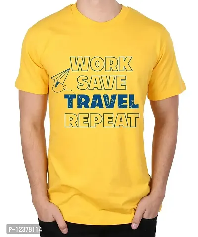 Caseria Men's Round Neck Cotton Half Sleeved T-Shirt with Printed Graphics - Work Save Travel Repeat (Yellow, L)-thumb0