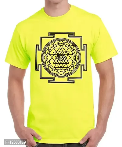 Caseria Men's Round Neck Cotton Half Sleeved T-Shirt with Printed Graphics - Sri Yantra (Lemon Yellow, SM)-thumb0