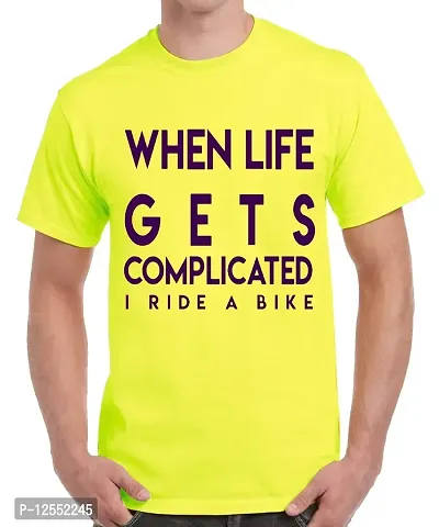 Caseria Men's Round Neck Cotton Half Sleeved T-Shirt with Printed Graphics - Life Gets Complicated (Lemon Yellow, SM)