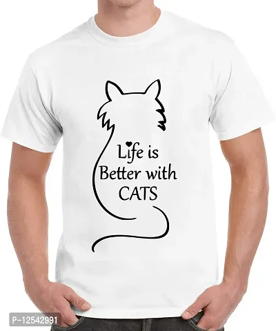 Caseria Men's Round Neck Cotton Half Sleeved T-Shirt with Printed Graphics - Life is Cats (White, MD)-thumb0