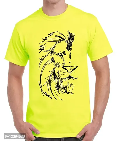 Caseria Men's Round Neck Cotton Half Sleeved T-Shirt with Printed Graphics - Lion Face (Lemon Yellow, SM)