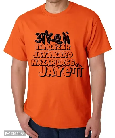 Caseria Men's Round Neck Cotton Half Sleeved T-Shirt with Printed Graphics - Bazar Na Jaya Karo (Orange, MD)-thumb0