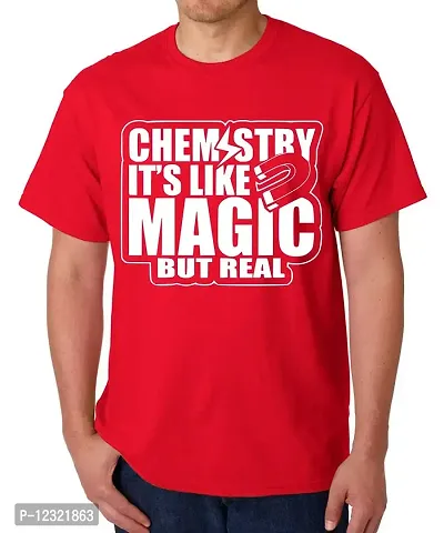 Caseria Men's Round Neck Cotton Half Sleeved T-Shirt with Printed Graphics - Chemistry It's Like Magic (Red, L)-thumb0