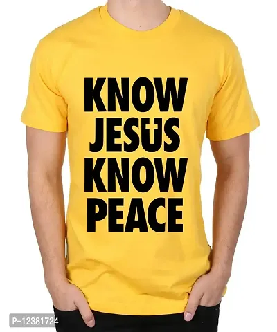 Caseria Men's Round Neck Cotton Half Sleeved T-Shirt with Printed Graphics - Jesus Peace (Yellow, SM)-thumb0