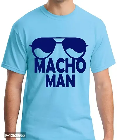 Caseria Men's Round Neck Cotton Half Sleeved T-Shirt with Printed Graphics - Macho Man (Sky Blue, SM)