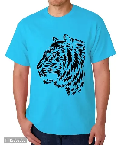 Caseria Men's Round Neck Cotton Half Sleeved T-Shirt with Printed Graphics - Tiger Pattern (Sky Blue, XL)