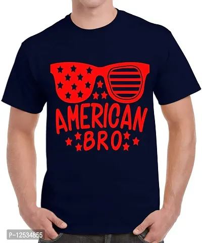 Caseria Men's Round Neck Cotton Half Sleeved T-Shirt with Printed Graphics - American Bro (Navy Blue, L)