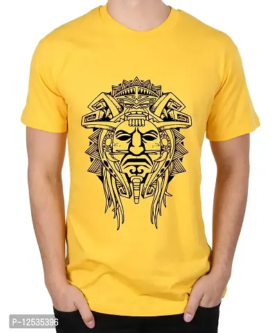 Caseria Men's Round Neck Cotton Half Sleeved T-Shirt with Printed Graphics - Aztec Warrior Mask (Yellow, L)-thumb0