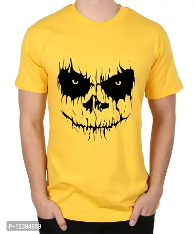 Caseria Men's Round Neck Cotton Half Sleeved T-Shirt with Printed Graphics - Halloween Emoji (Yellow, L)