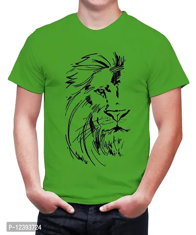 Caseria Men's Round Neck Cotton Half Sleeved T-Shirt with Printed Graphics - Lion Face (Parrot Green, L)