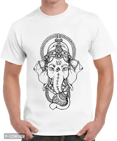 Caseria Men's Round Neck Cotton Half Sleeved T-Shirt with Printed Graphics - Shri Ganesh (White, XXL)