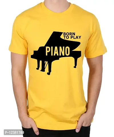 Caseria Men's Round Neck Cotton Half Sleeved T-Shirt with Printed Graphics - Born to Play Piano (Yellow, L)