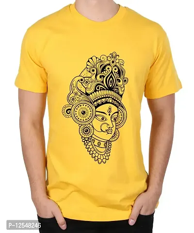 Caseria Men's Round Neck Cotton Half Sleeved T-Shirt with Printed Graphics - Maa Devi (Yellow, XL)-thumb0