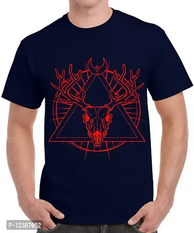 Caseria Men's Round Neck Cotton Half Sleeved T-Shirt with Printed Graphics - Skull of A Horned Deer (Navy Blue, MD)-thumb0