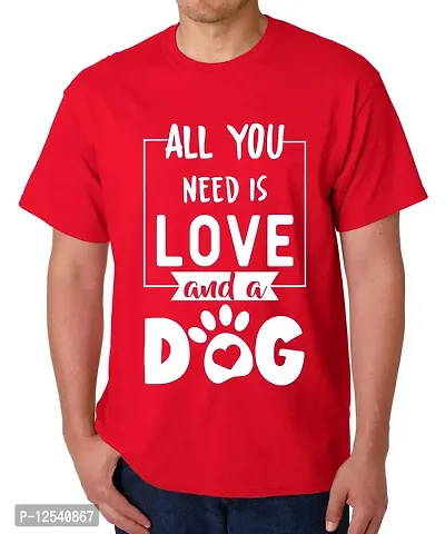 Caseria Men's Round Neck Cotton Half Sleeved T-Shirt with Printed Graphics - All You Need Dog (Red, SM)