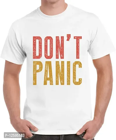 Caseria Men's Cotton Graphic Printed Half Sleeve T-Shirt - Don?t Panic (White, MD)