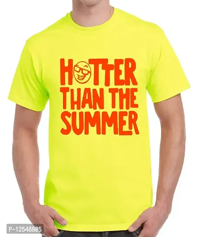 Caseria Men's Round Neck Cotton Half Sleeved T-Shirt with Printed Graphics - Hotter Than The Summer (Lemon Yellow, SM)