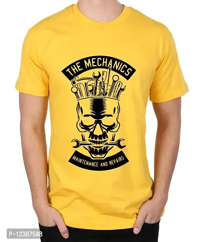 Caseria Men's Round Neck Cotton Half Sleeved T-Shirt with Printed Graphics - The Mechanics (Yellow, XXL)