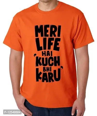 Caseria Men's Round Neck Cotton Half Sleeved T-Shirt with Printed Graphics - Kuch Bhi Karu (Orange, MD)-thumb0