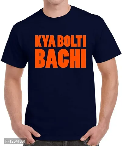 Caseria Men's Round Neck Cotton Half Sleeved T-Shirt with Printed Graphics - Kya Bolti Bachi (Navy Blue, XXL)-thumb0