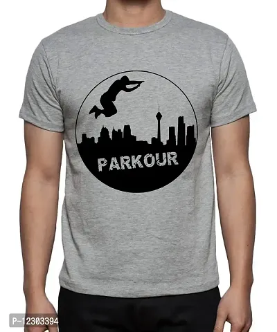 Caseria Men's Round Neck Cotton Half Sleeved T-Shirt with Printed Graphics - Parkour (Grey, SM)-thumb0