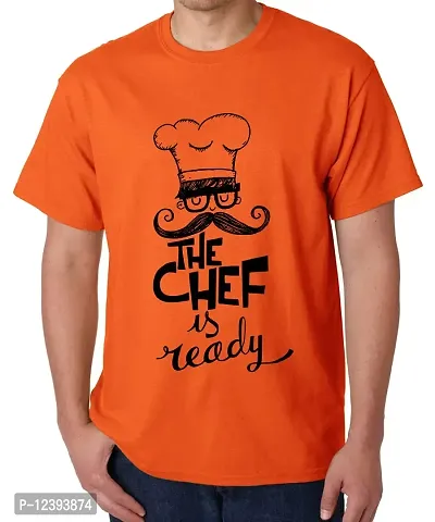 Caseria Men's Round Neck Cotton Half Sleeved T-Shirt with Printed Graphics - The Chef is Ready (Orange, XXL)-thumb0