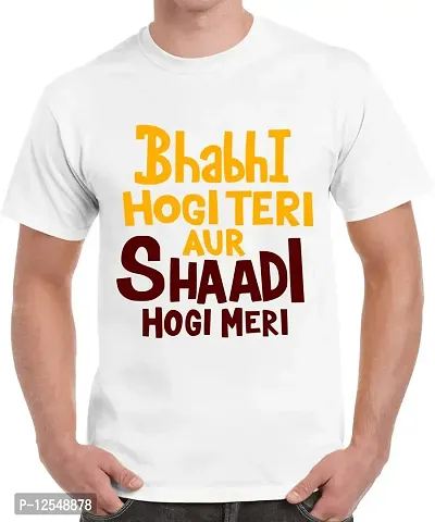 Caseria Men's Round Neck Cotton Half Sleeved T-Shirt with Printed Graphics - Bhabhi Shaadi (White, XL)-thumb0