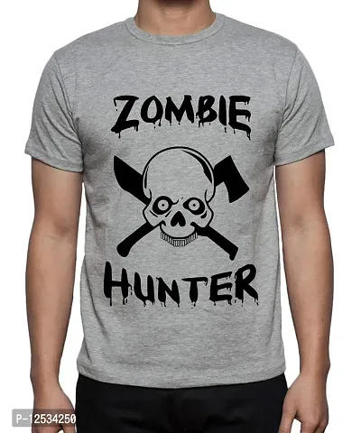 Caseria Men's Round Neck Cotton Half Sleeved T-Shirt with Printed Graphics - Zomble Hunter (Grey, L)