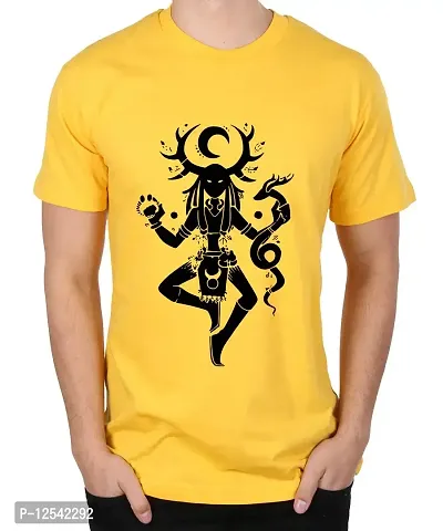 Caseria Men's Round Neck Cotton Half Sleeved T-Shirt with Printed Graphics - Cernunnos (Yellow, SM)