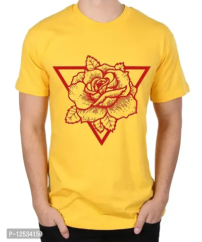 Caseria Men's Round Neck Cotton Half Sleeved T-Shirt with Printed Graphics - Rose Triangle (Yellow, SM)