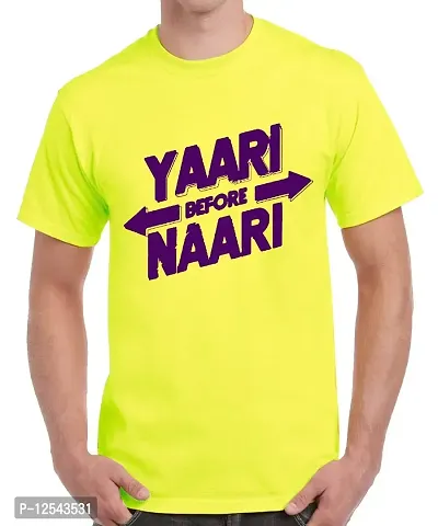 Caseria Men's Round Neck Cotton Half Sleeved T-Shirt with Printed Graphics - YAARI Before NAARI (Lemon Yellow, XL)