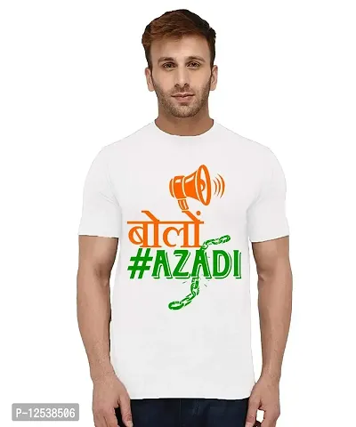 Caseria Men's Round Neck Cotton Half Sleeved T-Shirt with Printed Graphics - Bolo Azadi (White, L)-thumb0