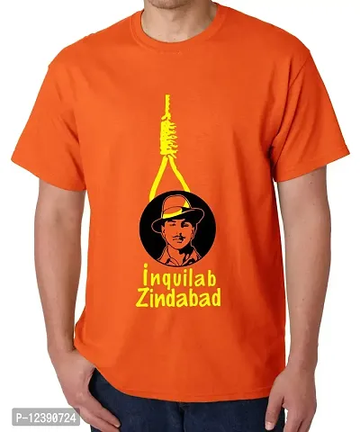 Caseria Men's Round Neck Cotton Half Sleeved T-Shirt with Printed Graphics - Bhagat Singh Slogan (Orange, SM)-thumb0