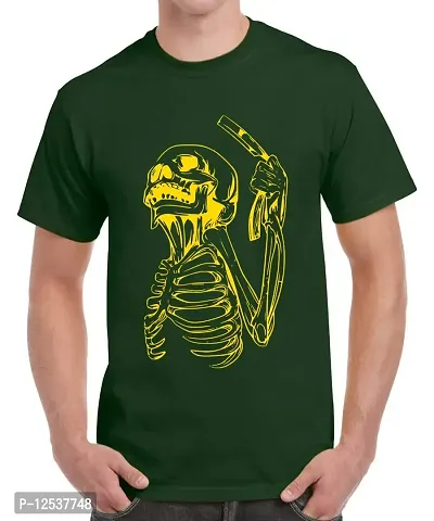 Caseria Men's Round Neck Cotton Half Sleeved T-Shirt with Printed Graphics - Skull Razor (Liril Green, MD)