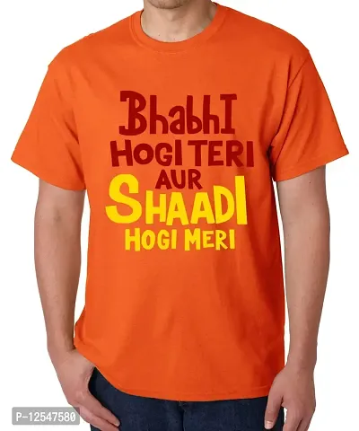 Caseria Men's Round Neck Cotton Half Sleeved T-Shirt with Printed Graphics - Bhabhi Shaadi (Orange, XXL)