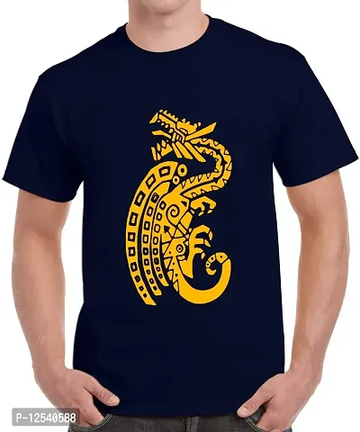 Caseria Men's Round Neck Cotton Half Sleeved T-Shirt with Printed Graphics - Animal Tatoo (Navy Blue, L)